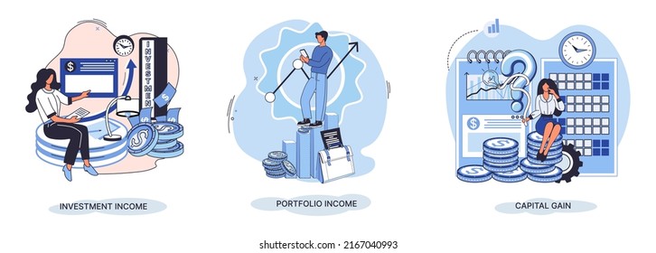 Capital gain, portfolio income, investment income. Investments and bonds, cash flow money slot, mutual fund, finance abstract metaphor. Money investing financiers analyzing stock market profit dollars