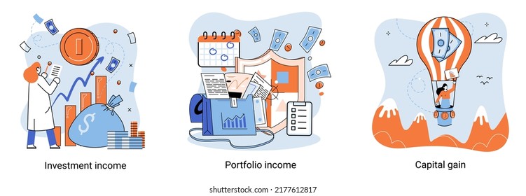 Capital gain, portfolio income, investment income. Investments and bonds, cash flow money slot, mutual fund, finance abstract metaphor. Money investing financiers analyzing stock market profit dollars