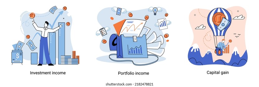 Capital gain, portfolio income, investment income. Investments and bonds, cash flow money slot, mutual fund, finance abstract metaphor. Money investing financiers analyzing stock market profit dollars