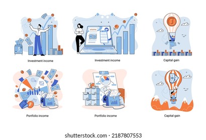 Capital gain, portfolio income, investment income. Investments and bonds, cash flow money slot, mutual fund, finance abstract metaphor. Money investing financiers analyzing stock market profit dollars