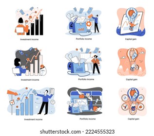 Capital gain, portfolio income, investment income. Investments and bonds, cash flow money slot, mutual fund, finance abstract metaphor. Money investing financiers analyzing stock market profit dollars