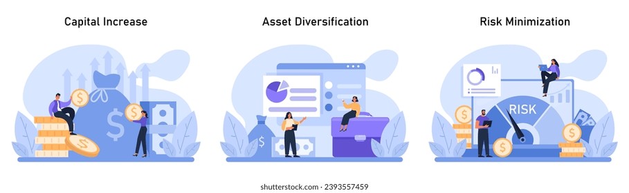 Capital Gain set. Building wealth through capital increase, diversifying assets, and minimizing risks. Strategies for financial stability and growth. Flat vector illustration