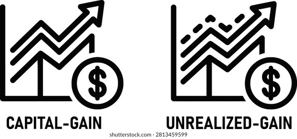 Capital gain and unrealized gain financial chart icons with unrealized financial investment business currency portfolio accounting statistics