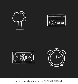 Capital growth chalk white icons set on black background. Credit card capital. Financial operation. Commercial service. Clock countdown. Growing tree. Isolated vector chalkboard illustrations