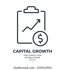 Capital growth clipboard editable stroke outline icon isolated on white background flat vector illustration. Pixel perfect. 64 x 64.