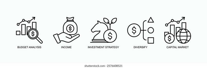 Capital Growth Icon Set Isolated Vector With Icon Of Budget Analysis, Income, Investment Strategy, Diversify, Capital Market In Outline Style