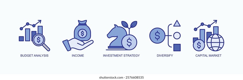 Capital Growth Icon Set Isolated Vector With Icon Of Budget Analysis, Income, Investment Strategy, Diversify, Capital Market In Blue Style