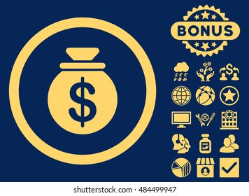 Capital icon with bonus pictogram. Vector illustration style is flat iconic symbols, yellow color, blue background.