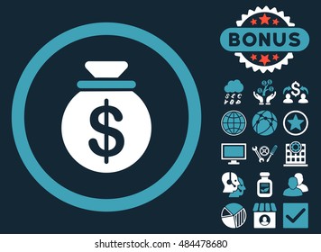 Capital icon with bonus pictures. Vector illustration style is flat iconic bicolor symbols, blue and white colors, dark blue background.