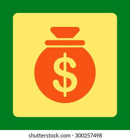Capital icon. This flat rounded square button uses orange and yellow colors and isolated on a green background.