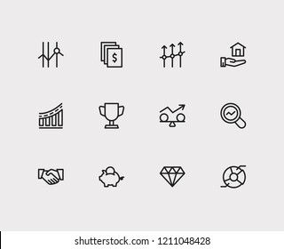 Capital icons set. Cooperation and capital icons with stock, market research and business progress. Set of deposit for web app logo UI design.