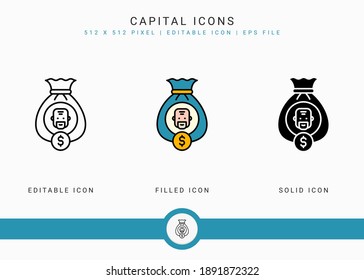 Capital icons set vector illustration with icon line style. Pension fund plan concept. Editable stroke icon on isolated white background for web design, user interface, and mobile application