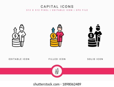 Capital Icons Set Vector Illustration With Icon Line Style. Pension Fund Plan Concept. Editable Stroke Icon On Isolated White Background For Web Design, User Interface, And Mobile Application