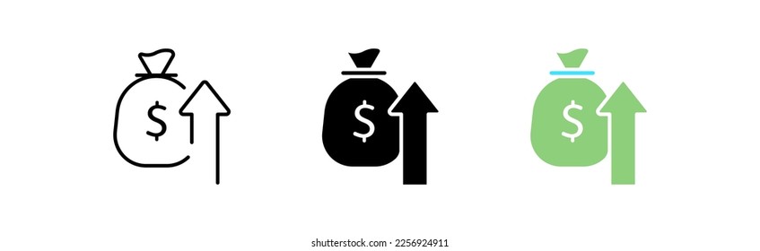 Capital increase icons set. Money, increase, capital, earnings, money bag, arrow, business, work, chart, investment, shares, fund, trade, budget. finance concept. vector line icon in different styles