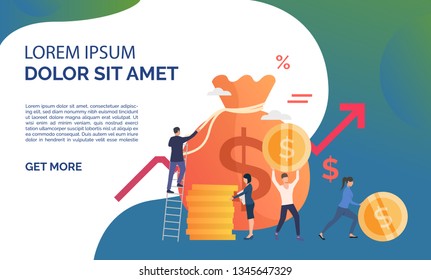 Capital increasing green presentation illustration. People increase money capital and profit.  Business result concept. Vector illustration can be used for topics like business, competition