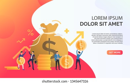 Capital increasing presentation illustration. People increase money capital and profit.  Business result concept. Vector illustration can be used for topics like presentation, business, competition 