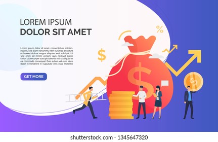 Capital increasing violet presentation illustration. People increase money capital and profit.  Business result concept. Vector illustration can be used for topics like business, competition