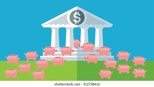 capital inflow. Piggy banks run into bank building Flat vector business illustration