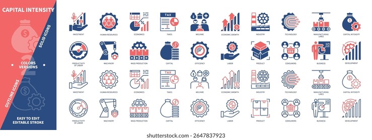 Ícone de Intensidade de Capital definido. Capital, Investimento, Produto, Máquinas, Produção em Massa, Economia, Eficiência, Recursos Humanos. Ícones de contorno sólido e editável de cor duotônica