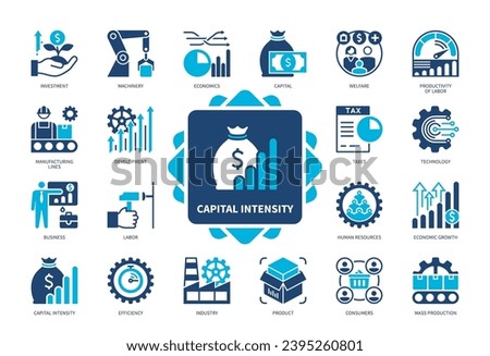 Capital Intensity icon set. Capital, Labor, Product, Machinery, Mass Production, Economics, Efficiency, Human Resources. Duotone color solid icons
