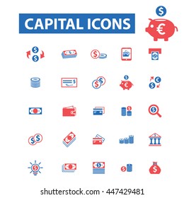 capital, investment, bank, trading, investor, wealth, deposit, market, payment, bankir, cash, finance, money, check, wallet icons, signs vector