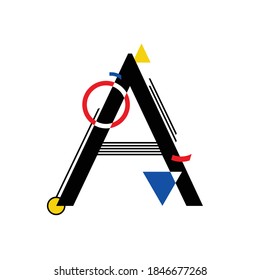 Letra mayúscula "A" compuesta de formas geométricas simples, en estilo suprematismo, inspirada en pinturas de Kazimir Malevich y Wassily Kandinsky