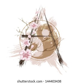 Capital Letter A in asian style with hand drawn elements.