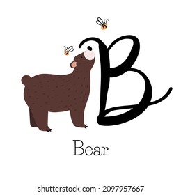 Capital letter B for Bear, with fluffy brown bear watching honey bees, childish alphabet with the name of the animal, hand drawn vector illustration