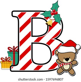 capital letter b with cute teddy bear and christmas design elements isolated on white background. can be used for holiday season card, nursery decoration or christmas party invitation