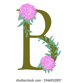 Capital letter b decorated with flowers and leaves. Letter of the English alphabet with floral decoration. Pink peonies and green foliage, vector.