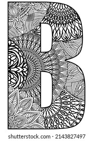 capital letter B decorated with mandalas and geometric figures on a white background for coloring, vector, coloring pages