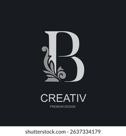 Capital Letter B with floral decorative element. Elegant monogram in silver on dark background. Perfect for logo, branding, boutique label, premium product design. Vector illustration.
