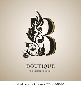 Letra mayúscula B. Graceful Monograma con elementos dorados. Elegante. Logotipo Caligráfico Hermoso. Emblema vintage para diseño de libros, nombre de marca, tarjeta de visita, restaurante, boutique. Ilustración vectorial