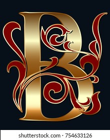 Capital letter B. Large letter. illuminated letter. Easy to use to create your design. Gold letter with floral ornament.