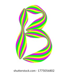 Capital letter B made from caramel candy isolated on white. Font made of curved colored stripes. Festive handwritten font for fun congratulatory text. Vector EPS 10.