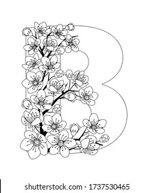 Letra mayúscula B con estampado en contorno de cerezo de flores de doodle dibujado a mano. Libro de color monocromo página anti estrés para adultos. Ilustración vectorial letras florales alfabeto inglés. EPS 10
