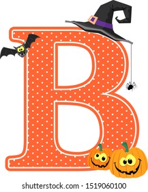 capital letter b with smiling pumpkins and halloween design elements isolated on white background. can be used for halloween season card, nursery decoration or halloween paty invitation