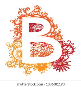 Letra mayúscula B. Imagen vectorial. Flores naranjas, rosas, borgoñas y amarillas. Letra mayúscula para decoración, calendarios, textos