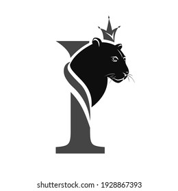 Capital Letter I with Black Panther. Royal Logo. Cougar Head Profile. Stylish Template. Tattoo. Creative Art Design. Emblem  for Brand Name, Sports Club, Printing on Clothing. Vector illustration 