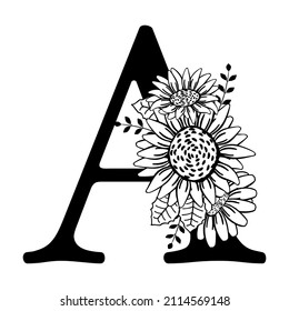 Capital letter A with bouquet of flowers. Monogram A with sunflowers. Hand drawn name logo, family logotype, t-shirt print, name tumbler. Floral vector illustration isolated on white background. 