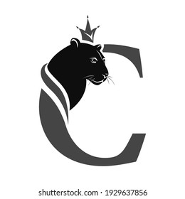 Capital Letter C with Black Panther. Royal Logo. Cougar Head Profile. Stylish Template. Tattoo. Creative Art Design. Emblem  for Brand Name, Sports Club, Printing on Clothing. Vector illustration 