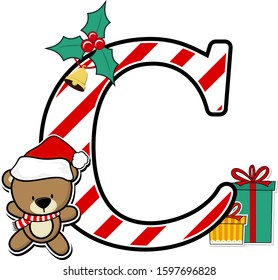 capital letter c with cute teddy bear and christmas design elements isolated on white background. can be used for holiday season card, nursery decoration or christmas party invitation