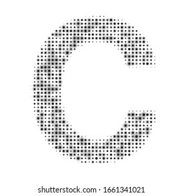 The capital letter C is evenly filled with black dots of different sizes. Some dots with shadow. Vector illustration on white background