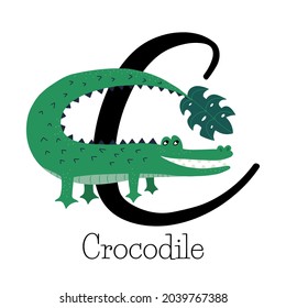 Capital letter C for green Crocodile with leaf, childish alphabet with animals names