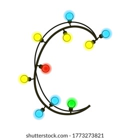 Capital letter C made from garland isolated on white. Colored light bulbs on wires. Christmas handwritten font for text or logo. Vector EPS 10.