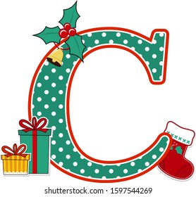 capital letter c with polka dots pattern and christmas design elements isolated on white background. can be used for holiday season card, nursery decoration or christmas celebration invitation