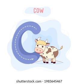 Capital letter C. Vector illustration with cartoon cow isolated on the background. Learn the alphabet with a cow. ABC worksheet for preschool age. Zoo alphabet