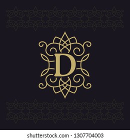 Capital letter D. Beautiful monogram. Elegant logo. Calligraphic design. Luxury emblem. Vintage ornament. Simple graphics style. Flourishes boutique brand on black background. Vector illustration