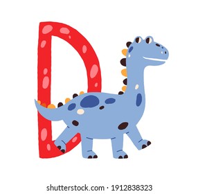 Letra mayúscula D de alfabeto inglés infantil con un lindo dinosaurio bebé. Letra infantil con animal divertido para educación preescolar y preescolar. Ilustración vectorial plana dibujada a mano aislada en blanco.