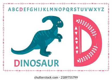 Capital letter D of childish English alphabet with cute dinosaur. Kids font with funny animal for kindergarten and preschool education. Hand-drawn flat vector illustration isolated on white.